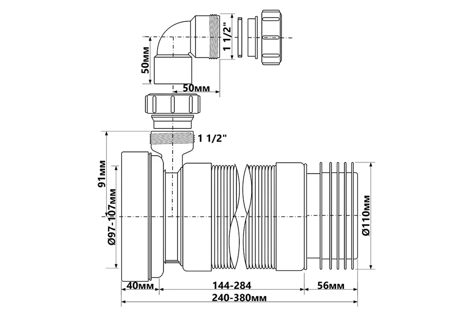 Труба розтяжна до унітазу L 240-380 мм, з бок.відводом 40мм WC-F23RD — фото 2