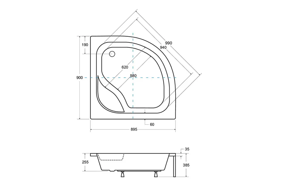 Піддон півкруглий DIPER I 90x90x24/38,5 з сидінням + ноги — фото 2