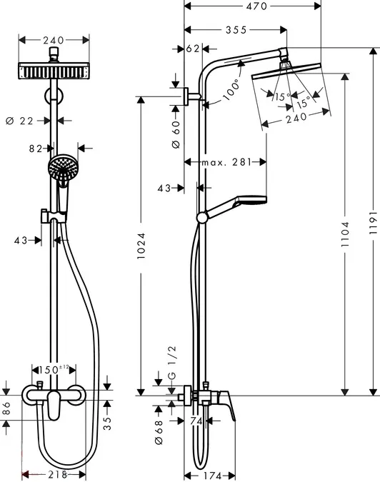 Душова система Crometta E Showerpipe 240 1jet зі змішувачем (27284000) — фото 2
