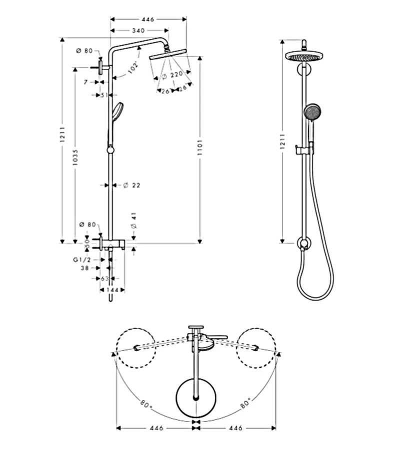 Душова система Croma Air 220 1jet Showerpipe Reno 400м без змішувача, хром (27224000) — фото 2