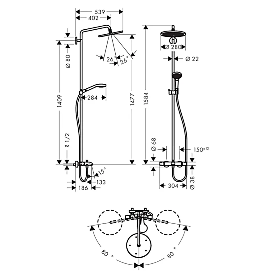 Душова система Croma Select S 280 RainAir 1jet Showerpipe для ванни з термостатом, хром (26792000) — фото 2