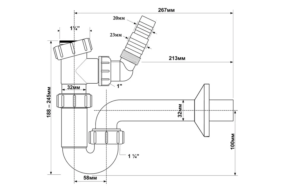 Сифон для умивальника HC4PF-32WM трубний без зливу 1 1/4″x32мм з підключенням до пральної або посудомийної машини, білий — фото 2