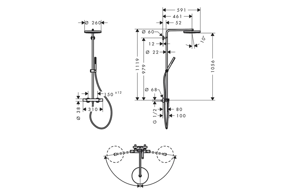 Душова система Pulsify S Puro Showerpipe 260 1jet EcoSmart з Ecostat Fine, Matt Black (24223670) — фото 7