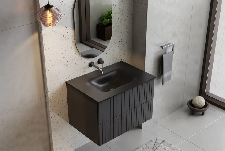 Тумба + умивальник з отвором з вбудованою стільницею AKYA LINEA 76x52,5x5, gun metal, сифон клік клак чорний мат — фото 3