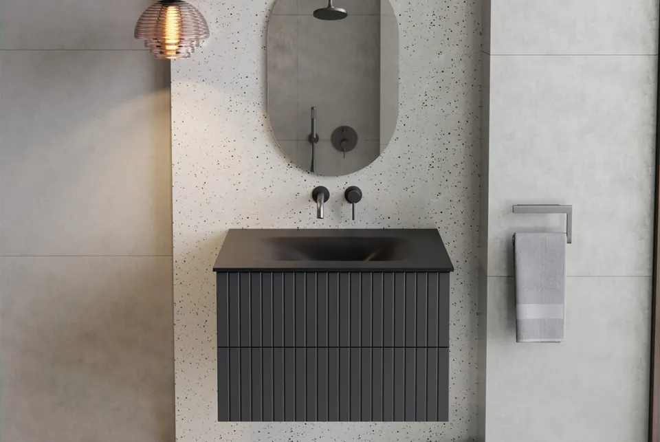 Тумба + умивальник з отвором з вбудованою стільницею AKYA LINEA 76x52,5x5, gun metal, сифон клік клак чорний мат — фото 4