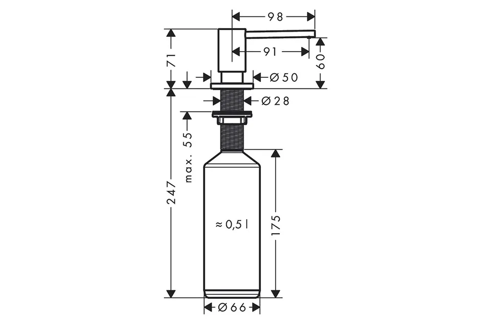 Дозатор кухонний AXOR Uno для миючого засобу 500 ml врізний, Stainless Steel Finish (42818800) — фото 2